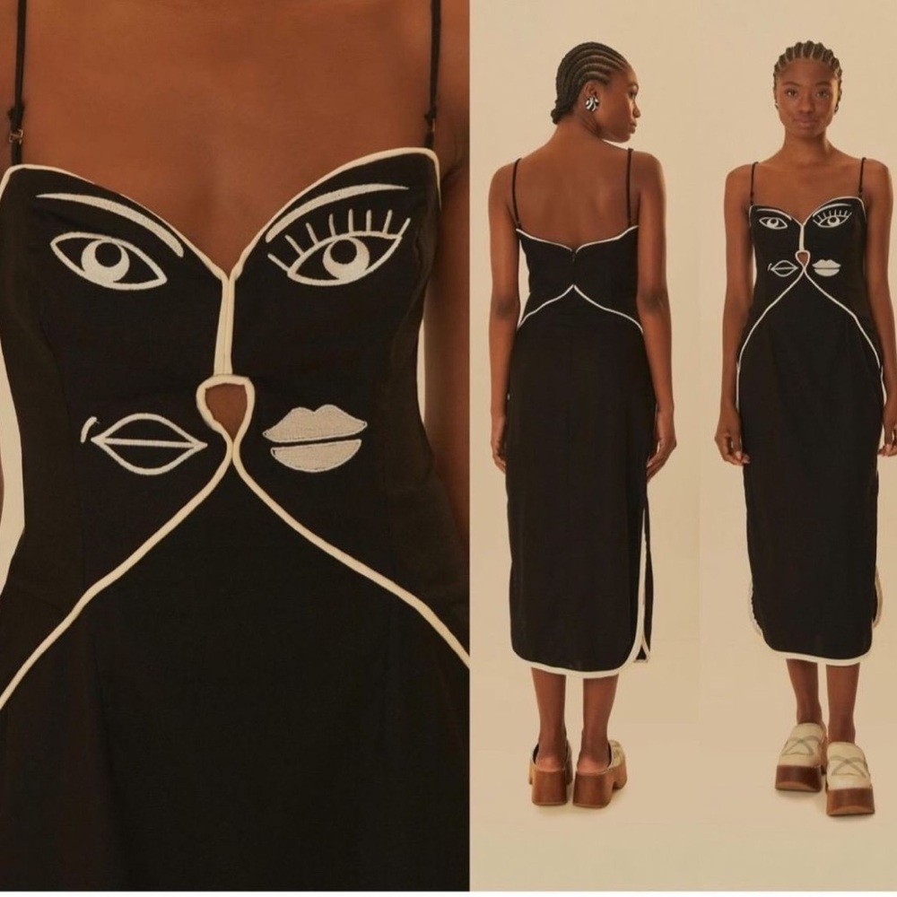 FARM Rio Black Midi Dress with White Face Embroidery